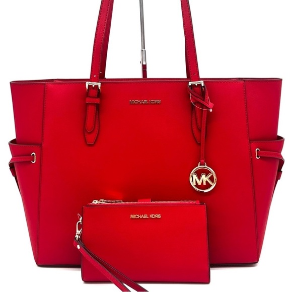 Michael Kors Gilly Large Drawstring Shoulder Tote Bag & Double Zip Wallet Red - Picture 2 of 14